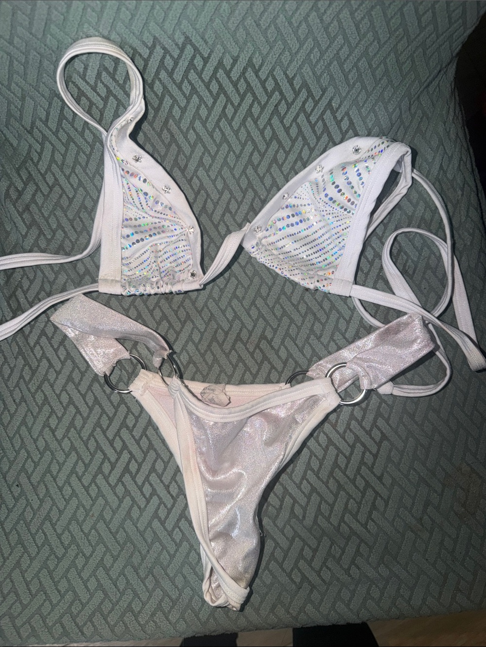 Women’s White Shimmer Triangle Bikini with Crystal Accents